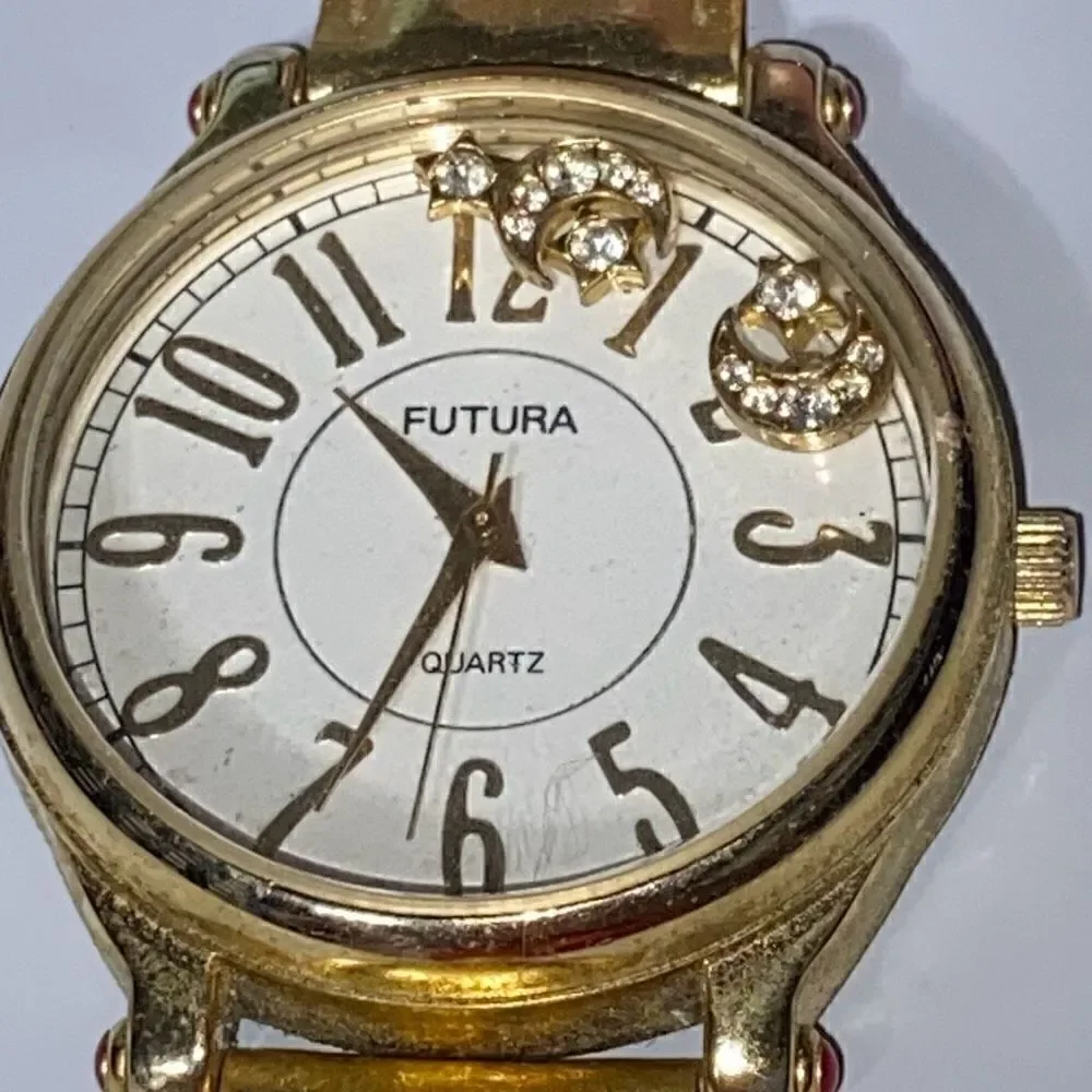 Futura Women's‎ Gold Tone Floating Rhinestone Leather Band Quartz Watch OS